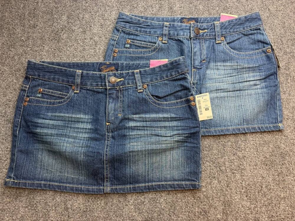 Aeropostale Womenโs 1/2 Denim Mini Skirts Set of 2 Blue Stretch NWT